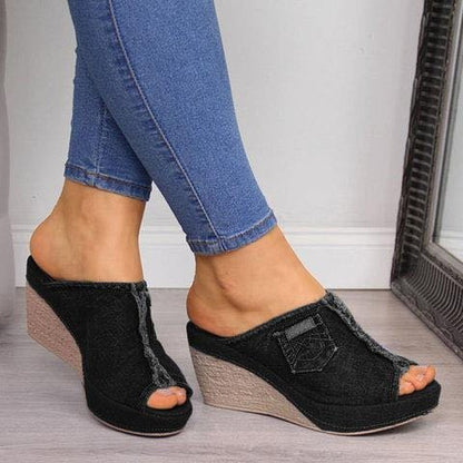 Sandales compensées d'été pour femmes, en jean, à talons hauts et bout ouvert