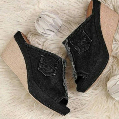 Sandales compensées d'été pour femmes, en jean, à talons hauts et bout ouvert