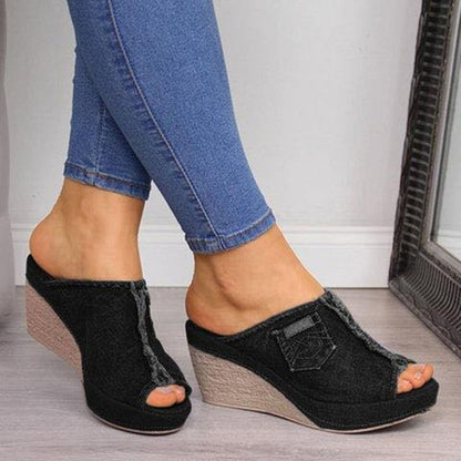 Sandales compensées d'été pour femmes, en jean, à talons hauts et bout ouvert