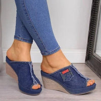 Sandales compensées d'été pour femmes, en jean, à talons hauts et bout ouvert