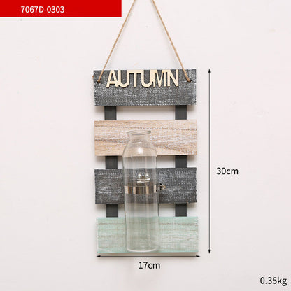 Creative Plant Glass Vase Pastoral Wall Hanging Wooden Flower Arrangement Light Decoration Living Dining Room Glass Vase Wood