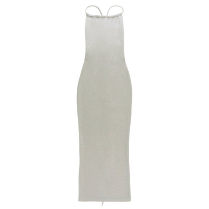 Robe longue moulante en soie à col halter sexy – Tenue de soirée élégante