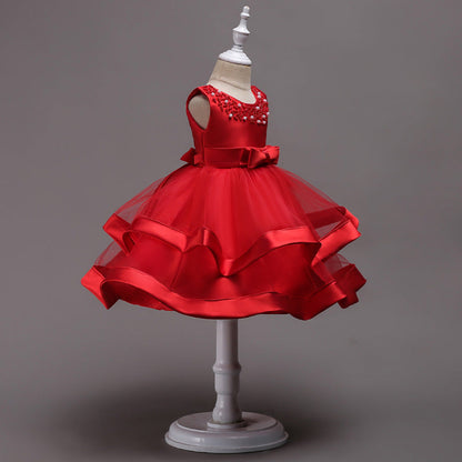 Girls' Satin Princess Dress, Little Host, Pettiskirt, Flower Girl Dress, Hand-Beaded Multi-Color Performance Costume