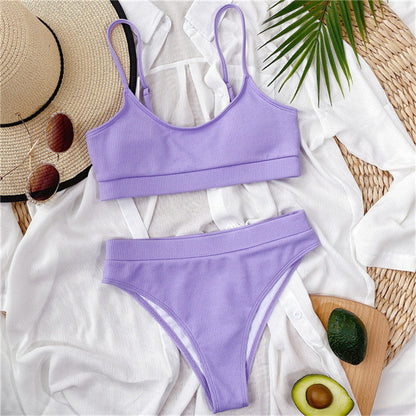 Women's High Waist Bikini Sexy Rib S-XL Two-Piece Set
