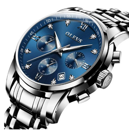 Montres Homme de Luxe, Chronographe en Acier Inoxydable, Étanche, Quartz, Date, Cadran Bleu, Relogio Masculino
