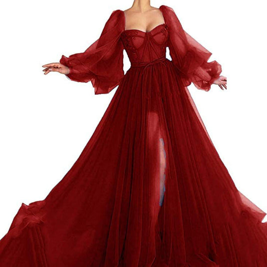 Nouvelle robe de mariée longue en maille à manches longues et à une épaule pour femme avec une grande jupe évasée