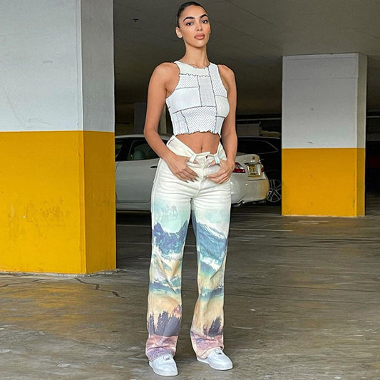 Pantalones casuales de cintura alta con estampado recto, estilo urbano y versátil
