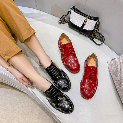 Zapatos Rojos de Cuero con Remaches Estilo Británico AUTÉNTICOS Pequeños de Cuero PARA Mujer