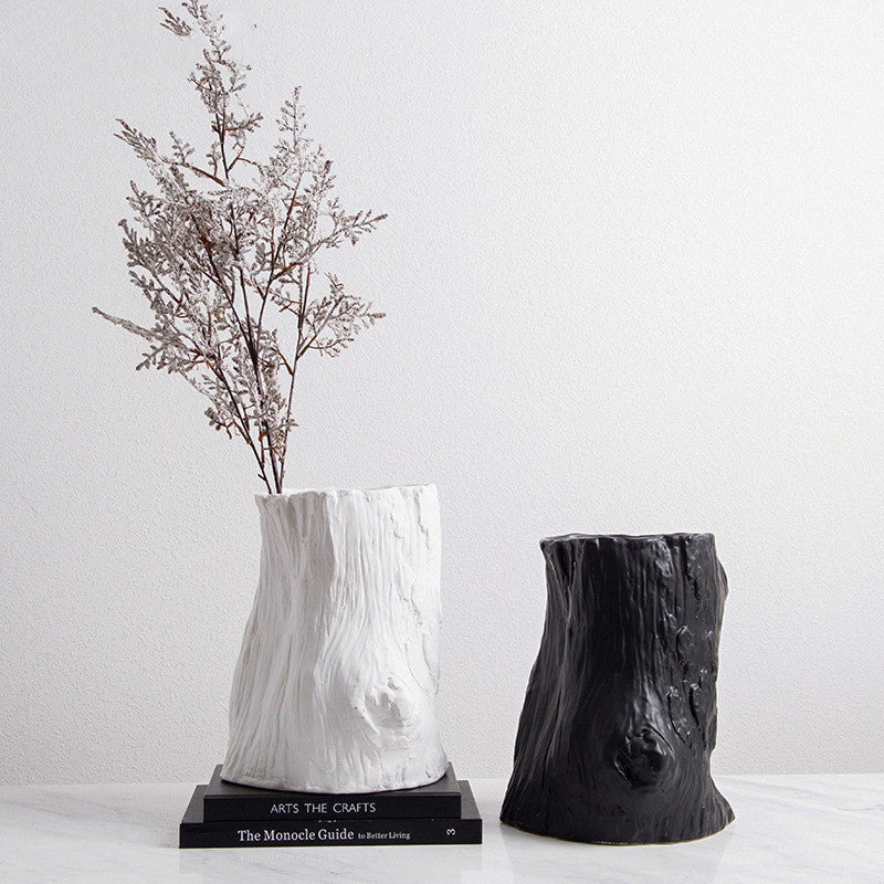 Nordique Simple Noir et Blanc Céramique Créatif Souche Vase Mode Maison Villa Chambre Modèle Décoration Douce Artisanat Fleur
