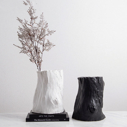 Nordique Simple Noir et Blanc Céramique Créatif Souche Vase Mode Maison Villa Chambre Modèle Décoration Douce Artisanat Fleur