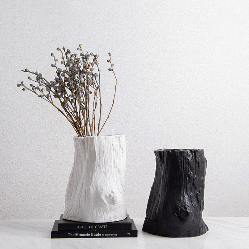Nordique Simple Noir et Blanc Céramique Créatif Souche Vase Mode Maison Villa Chambre Modèle Décoration Douce Artisanat Fleur