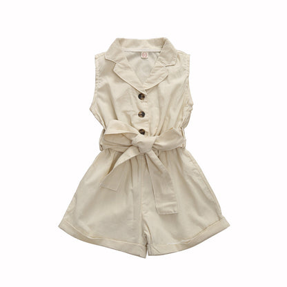 Multicolor Girls' Solid Lapel Sleeveless Single-breasted One-piece Shorts