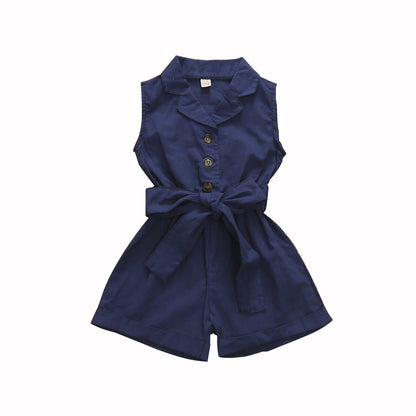 Multicolor Girls' Solid Lapel Sleeveless Single-breasted One-piece Shorts
