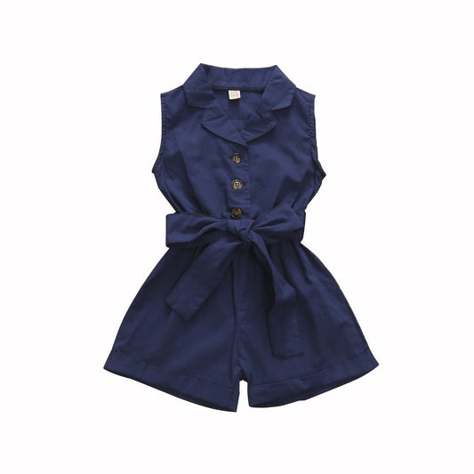 Shorts une pièce sans manches à revers et boutonnage simple de couleur unie pour filles