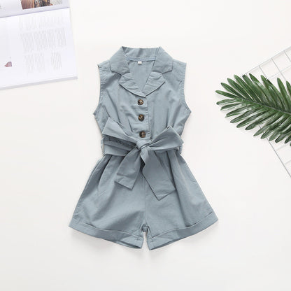 Multicolor Girls' Solid Lapel Sleeveless Single-breasted One-piece Shorts