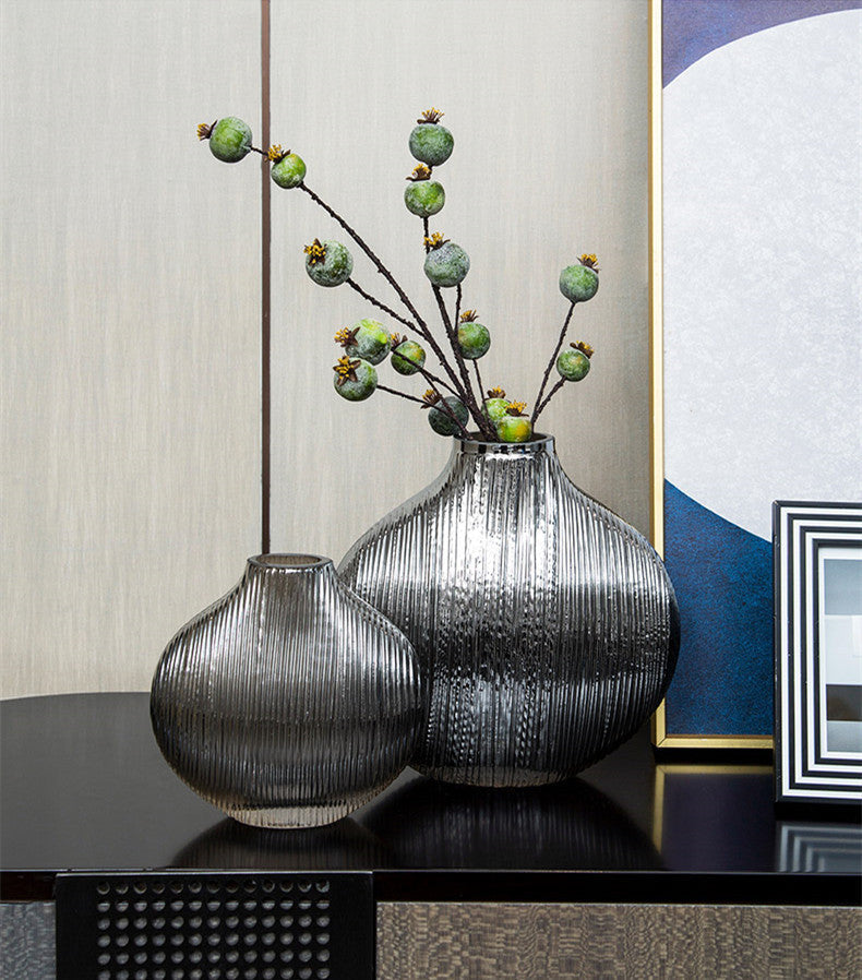 Vase en Verre à Rayures Argentées, Accessoires de Disposition Florale Hydroponique, Accessoires de Décoration Maison Moderne