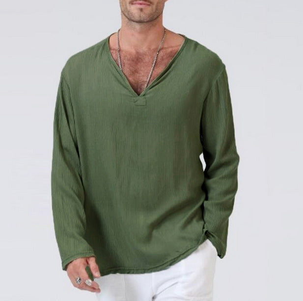 Men's Cotton Linen Ethnic Style T-Shirt – V-Neck Long Sleeve | S–5XL