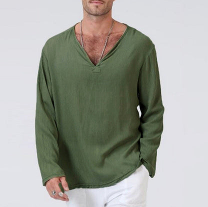 Men's Cotton Linen Ethnic Style T-Shirt – V-Neck Long Sleeve | S–5XL