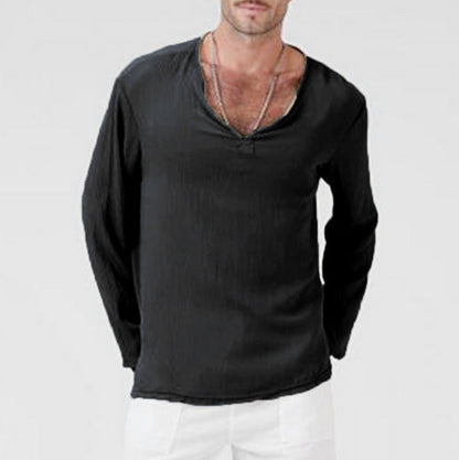 Men's Cotton Linen Ethnic Style T-Shirt – V-Neck Long Sleeve | S–5XL
