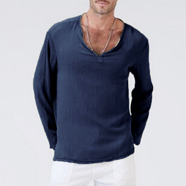 Men's Cotton Linen Ethnic Style T-Shirt – V-Neck Long Sleeve | S–5XL