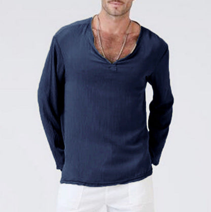 Men's Cotton Linen Ethnic Style T-Shirt – V-Neck Long Sleeve | S–5XL