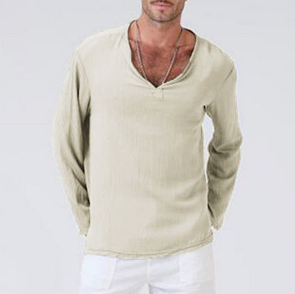 Men's Cotton Linen Ethnic Style T-Shirt – V-Neck Long Sleeve | S–5XL