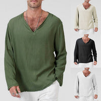 Men's Cotton Linen Ethnic Style T-Shirt – V-Neck Long Sleeve | S–5XL