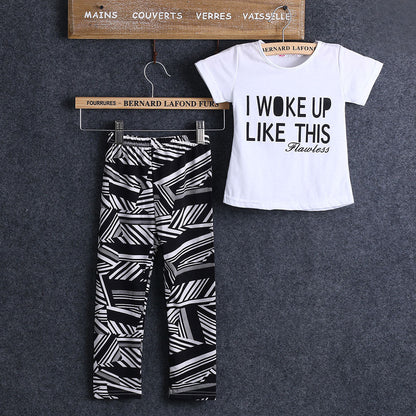 Letter Short-Sleeved T-Shirt Geometric Print Pants Two-Piece Suit