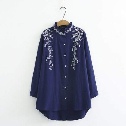 Long-Sleeved Cotton And Linen Plus Size Shirt