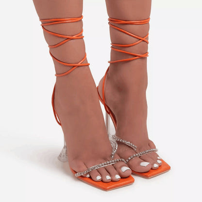 Lace-up Plus Size Women's Fashion Shoes Transparent Heel Sandals With Rhinestones
