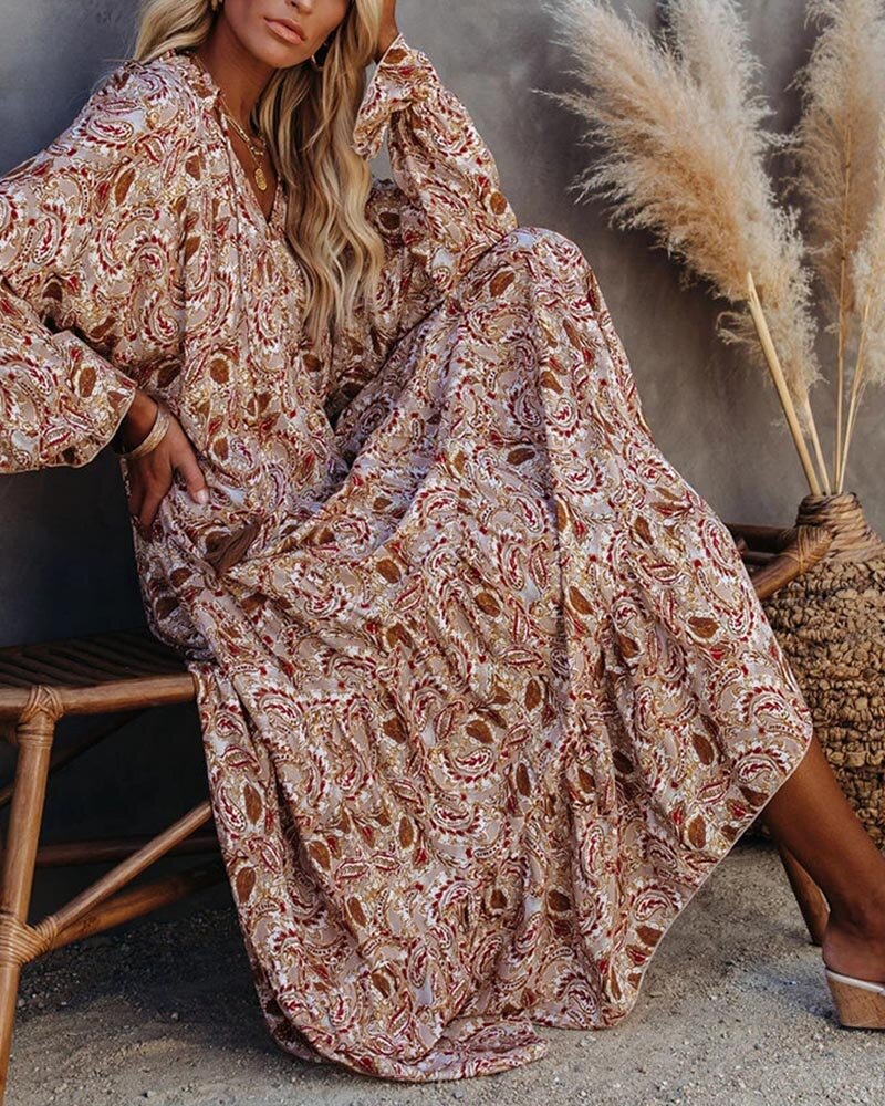 Robe de plage longue et ample en kaki à col en V et imprimé dentelle pour femme sexy