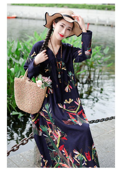 Literary Retro V-neck Plus Size Loose Long-sleeved Dress