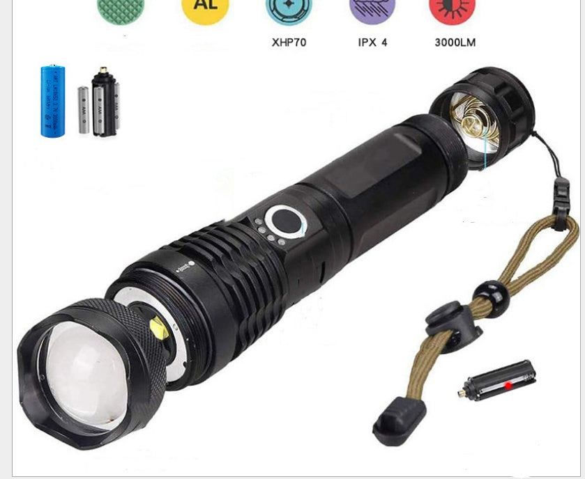Lampe de poche puissante, rechargeable, zoom avec affichage de la puissance, ultra lumineuse et portable pour l'extérieur