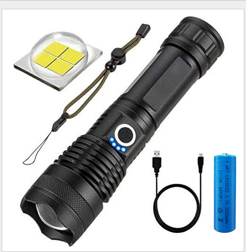Lampe de poche puissante, rechargeable, zoom avec affichage de la puissance, ultra lumineuse et portable pour l'extérieur