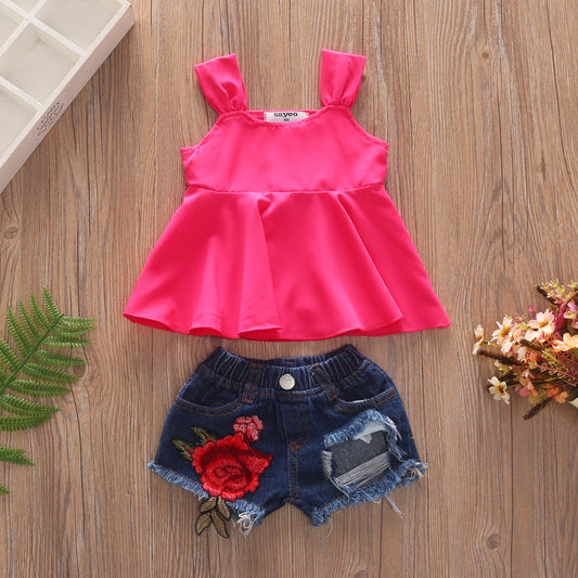 Conjunto de pantalón corto de mezclilla rasgado con tirantes y top sin tirantes para niñas, top de tirantes y short, de gran venta en Europa y América
