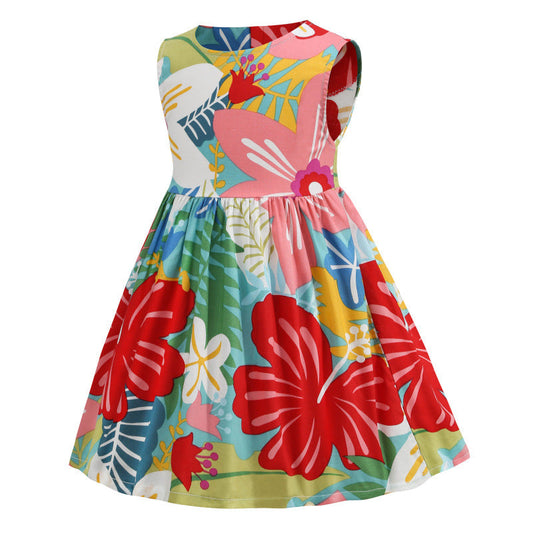 Vestido con estampado de color para niñas, de algodón y cuello redondo, estilo nuevo de verano