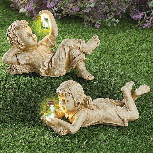 Décoration d'intérieur en résine avec pot luciole, statue de jardin, accessoires de bureau pour enfants, cadeau mignon garçon fille, art extérieur éclairé à l'énergie solaire