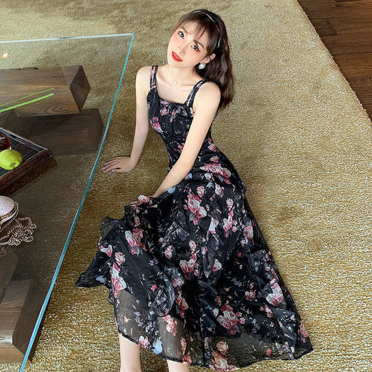 Printed A-line Skirt Summer New Product Temperament Was Thin Suspender Skirt