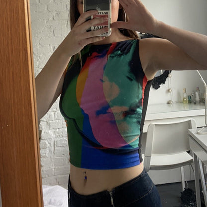 Retro Painting Print Mesh Tank Top – Women’s Vintage Slim Top | S–L