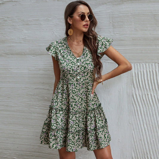 Robe d'été en mousseline imprimée, col en V et manches courtes