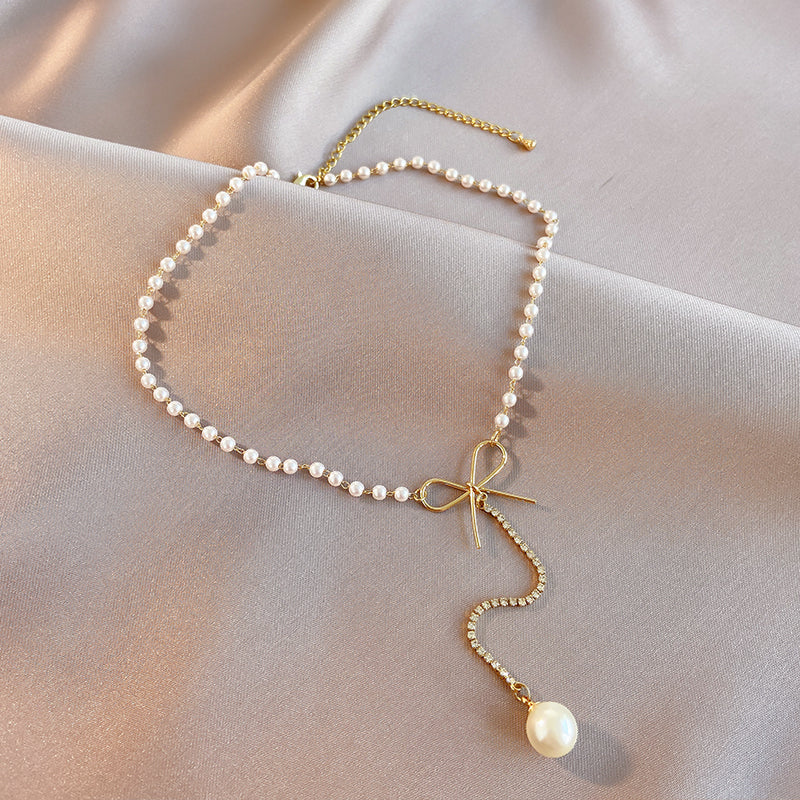 Chaîne de Clavicule Tendance Long Collier avec Petite Perle Goutte pour Femme, Collection d'Été