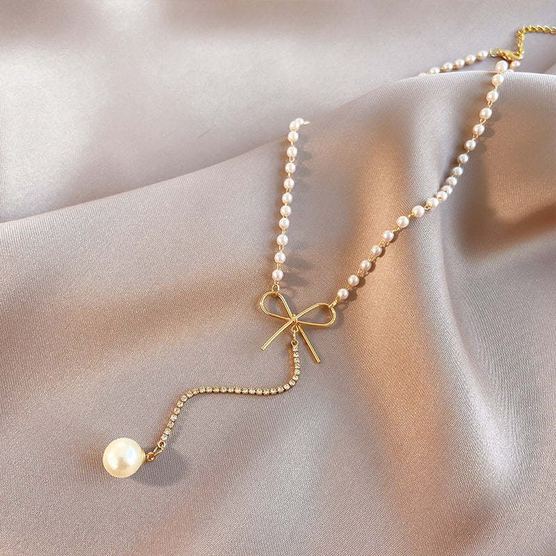 Chaîne de Clavicule Tendance Long Collier avec Petite Perle Goutte pour Femme, Collection d'Été