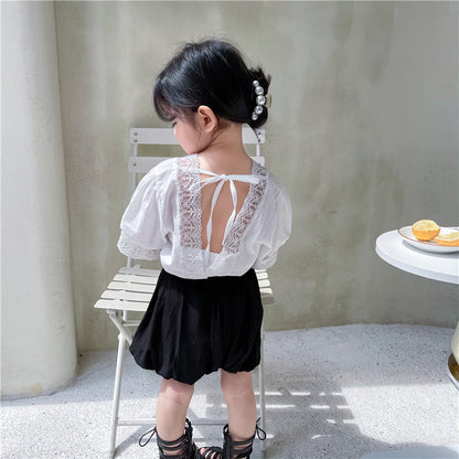 Girls Summer V-neck Back Lace Hollow Lace Puff Sleeve Short Sleeve Baby Shirt  Pumpkin Shorts Two-piece Set