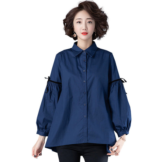 Loose white long-sleeved plus size shirt