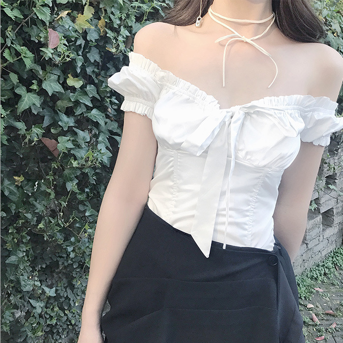 Women's Bowknot Collar Off-Shoulder Short Sleeve Shirt – Flirty & Chic
