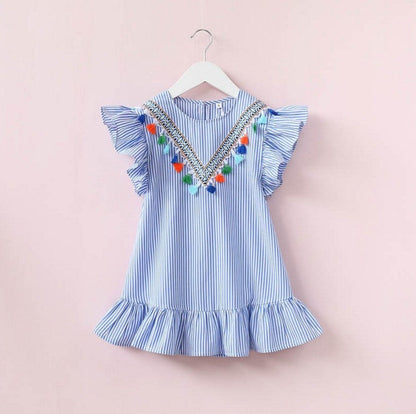 Fringed vertical stripe ruffle dress