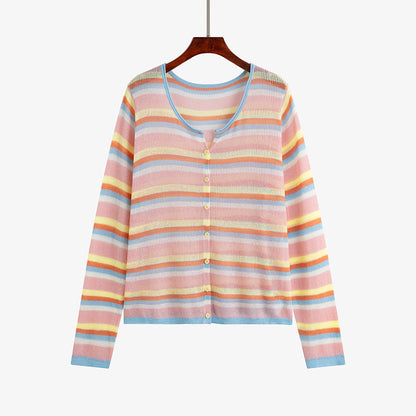 Plus Size Round Neck Color Striped Shirt Women's Thin Top