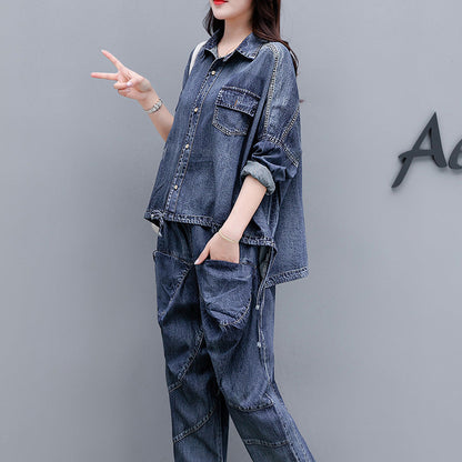 Loose Plus Size Distressed Denim Harem Pants Two-piece Women