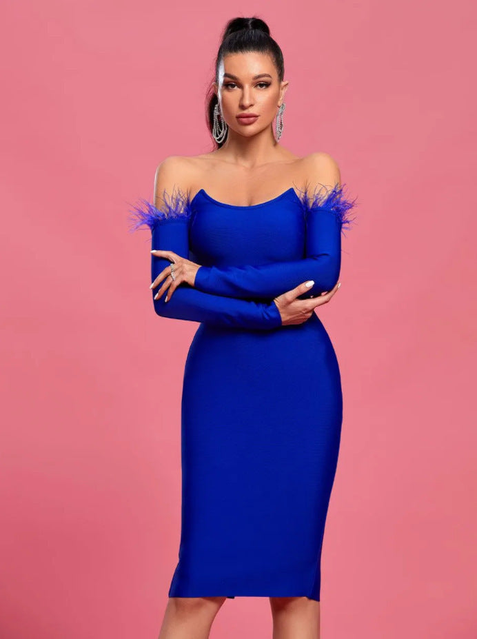 Robe longue à manches longues avec plumes pour femmes
