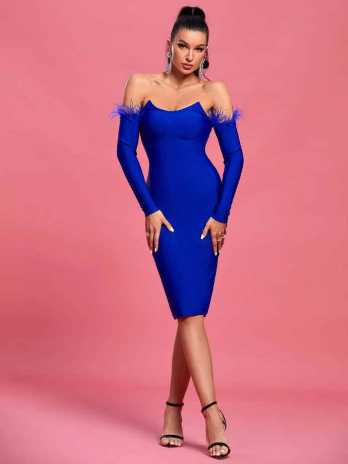 Robe longue à manches longues avec plumes pour femmes